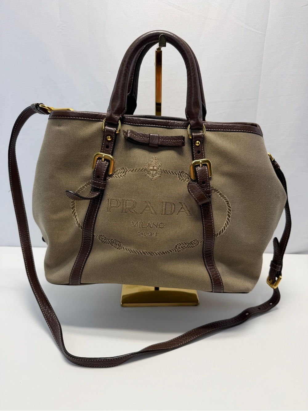 Prada Taupe Canvas Messenger with Brown Leather Trim
